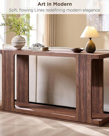 OKD 63 Inch Modern Entryway Console Table, 2-Tier Long Sofa Table Behind Couch with Curved Edge, Wood Farmhouse Narrow Entry Table for Hallway, Living Room, Foyer, Entrance, Rustic Walnut