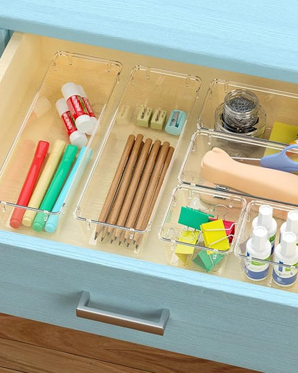 WOWBOX 6 Pack Clear Drawer Organizer Set, Acrylic Drawer Storage Trays, Storage Bins for Makeup, Cosmetics, Jewelries, Utensils, Gadgets, Office