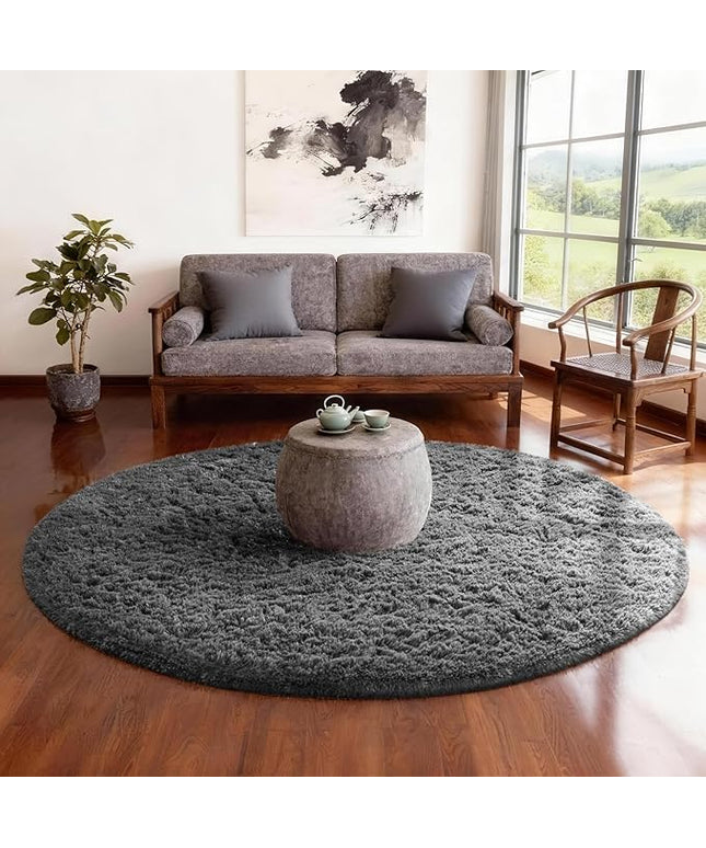 Ophanie Round Rug 4Ft Grey Circle Area Rugs, Fluffy Fuzzy Small Bedroom Carpet 4 Foot, Plush Shag Floor Gray Living Room Christmas Circular Aesthetic Decor for Kids Teen Boys Baby, Nursery, Classroom