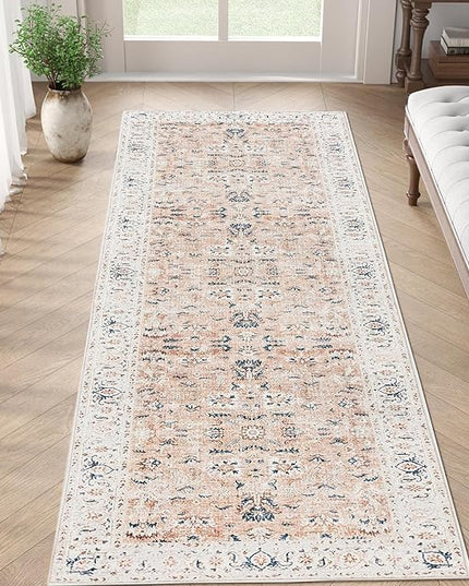 jinchan Runner Rug 2x5 - Hallway Rug Kitchen Washable Runner Vintage Floral Boho Lightweight Thin Non-Slip Retro Distressed Carpet for Entryway Bathroom Bedroom Laundry Room Pink Blush