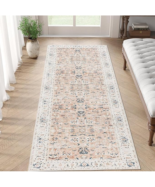 jinchan Runner Rug 2x5 - Hallway Rug Kitchen Washable Runner Vintage Floral Boho Lightweight Thin Non-Slip Retro Distressed Carpet for Entryway Bathroom Bedroom Laundry Room Pink Blush