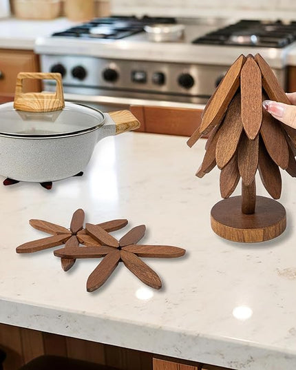 Yuoyar Trivets, Wooden Tree-Shaped Sapeli Wood Drink Trivets Set for Coffee Table, Kitchen Table Decor