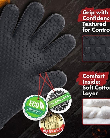 KITCHEN PERFECTION S Silicone Smoker Oven Gloves -Extreme Heat Resistant BBQ Gloves -Handle Hot Food Right on Your Grill Fryer Pit|Waterproof Oven Mitts |Superior Value Set+3 Bonuses