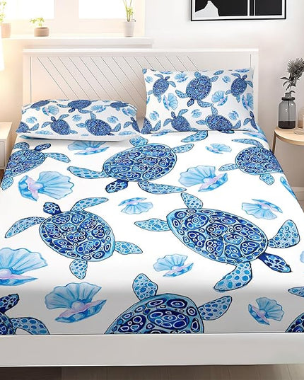 AILONEN Sea Turtle Fitted Sheet Set Twin XL Size, Blue Watercolour Turtle Soft Bedding Set for Kids Boys Room,Seashell Pearl Resistant Microfiber Sheets,1 Fitted Sheet 2 Pillowcases,3 Pcs