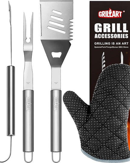 GRILLART Grill Tools Grill Utensils Set - 3PCS BBQ Tools, Stainless Barbeque Grill Accessories -Spatula/Tongs/Fork w/Insulated Glove, Ideal BBQ Set Grilling Tools for Outdoor Grill, Gifts for Men Dad