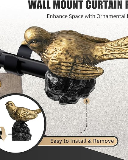 Vintage Gold Curtain Rod 72 to 144 Inches Curtain Rods for Windows Adjustable Heavy Duty Drapery Rod with Bird Finials for Living Room Bedroom