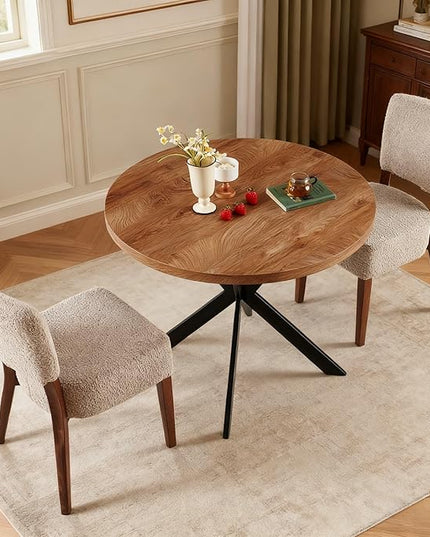 Small 37" Round Dining Table Set for 2, Mid Century Modern Circle Coffee Set, 2 Upholstered Stackable Dining Room Chairs for Apartment, Space Saving, Wood Grain&Light Brown