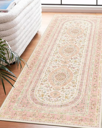 Washable Runner Rug 2x6,Pink Rug Runners Non Slip,Long Boho Rugs for Hallways Kitchen Bedroom Entryway Living Room Bathroom,Vintage Bohemian Distressed Farmhouse Floor Carpet,Blush Floral
