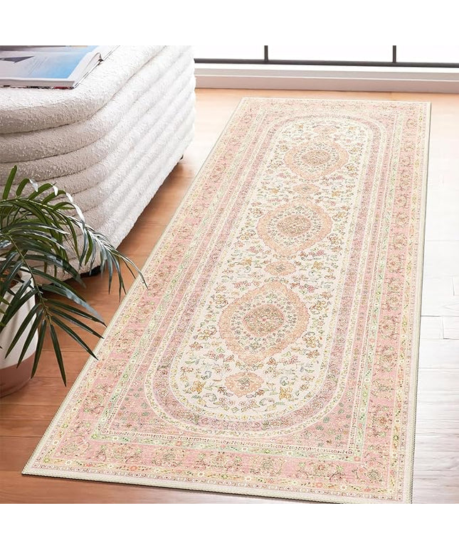 Washable Runner Rug 2x6,Pink Rug Runners Non Slip,Long Boho Rugs for Hallways Kitchen Bedroom Entryway Living Room Bathroom,Vintage Bohemian Distressed Farmhouse Floor Carpet,Blush Floral