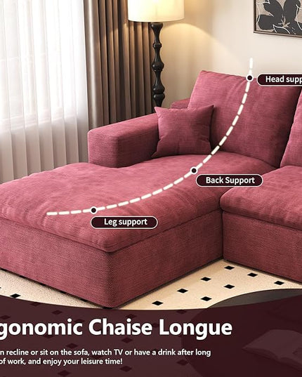 136.6'' U-Shaped Modern Modular Sectional Cloud Couch Whit Ottoman, 4-Seat Chenille Deep-Seat Sofa with Pillow for Living Room, Bedroom, Apartment, Wine Red