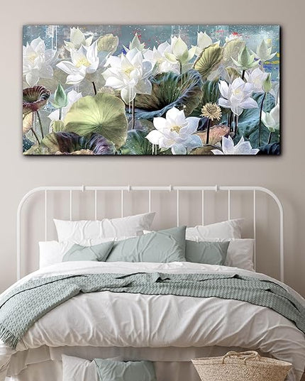 GUGIKA Flower Wall Art for Living Room, White Lotus Canvas Print Painting, Floral Picture Decor for Bedroom, Large Size 59x29 Inches