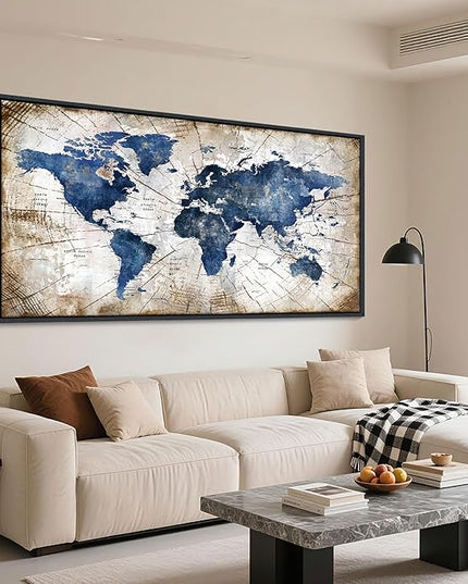 World Map Canvas Wall Art Navy World Maps for Wall Vintage Modern Wall Art for Office Framed Pictures for Living Room Bedroom Wall Decoration for Home Office Decor Artwork for Walls 29x58IN