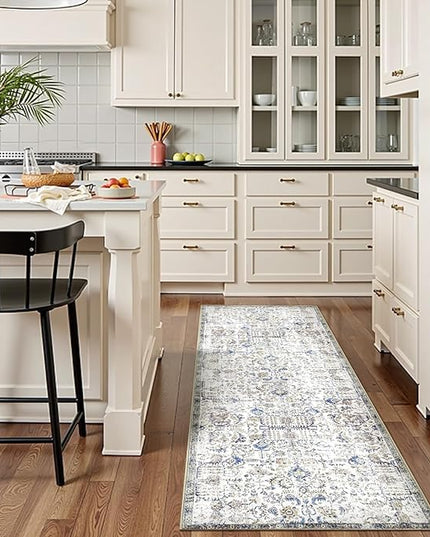 jinchan Kalen Runner Rug 2x6 Washable Hallway Rug Vintage Runner Indoor Floor Cover Thin Retro Distressed Floral Country Non Slip Carpet for Entryway Bathroom Kitchen Bedroom Living Room Blue