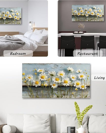 KZKU Rustic Daisy Canvas Wall Art- Large Floral Print on Weathered Blue Wood Background- Modern Farmhouse Decor for Living Room Bedroom 20X40in