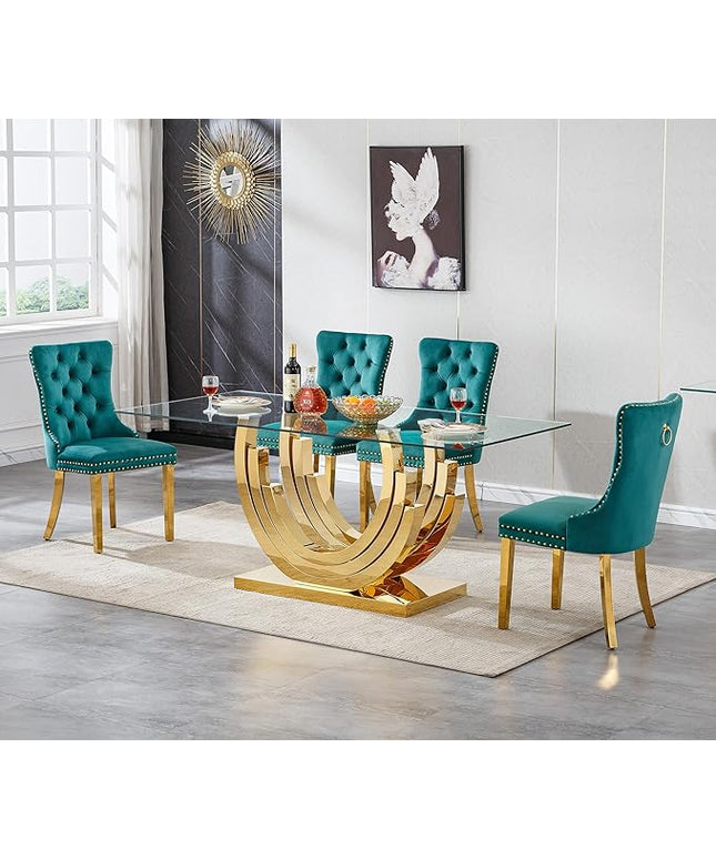 Henf 5-Piece Glass Dining Table Set with 4 Upholstered Dining Chairs,Large Glass Dining Room Table Set for 4, Modern Kitchen Table Furniture for Dining Room, Gold Dining Table and Chair Set for 4
