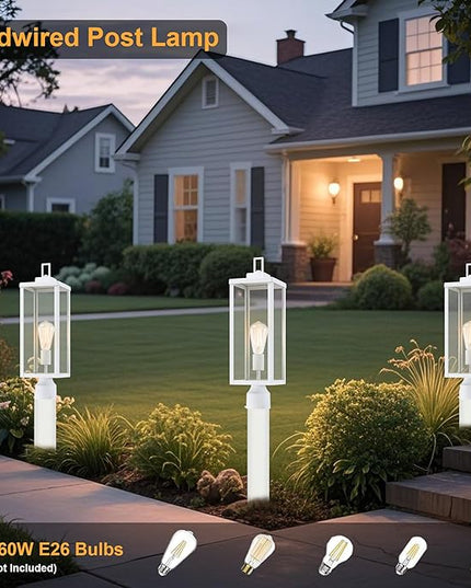 GRUENLICH Outdoor Lamp Post Light Fixtures, Exterior Pole Lantern with Tempered Glass, 20 Inch Fence Post Lighting for Garden Yard Pathway, White, 2 Pack