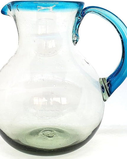 Aqua Blue Rim 120 oz Large Bola Pitcher, Recycled Glass, Lead-free, Toxin-Free (Pitcher)