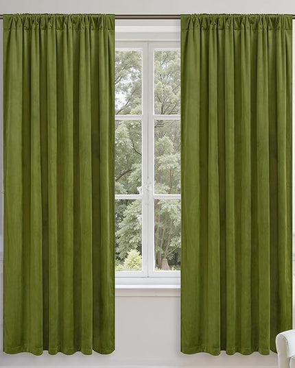 LAMIT Moss Green Velvet Blackout Curtains 72 Inch, Vintage Thermal Insulated Room Darkening Drapes for Living Room Back Tab and Rod Pocket Privacy Window Panels for Bedroom, 2 Panels, 52 x 72 Inch