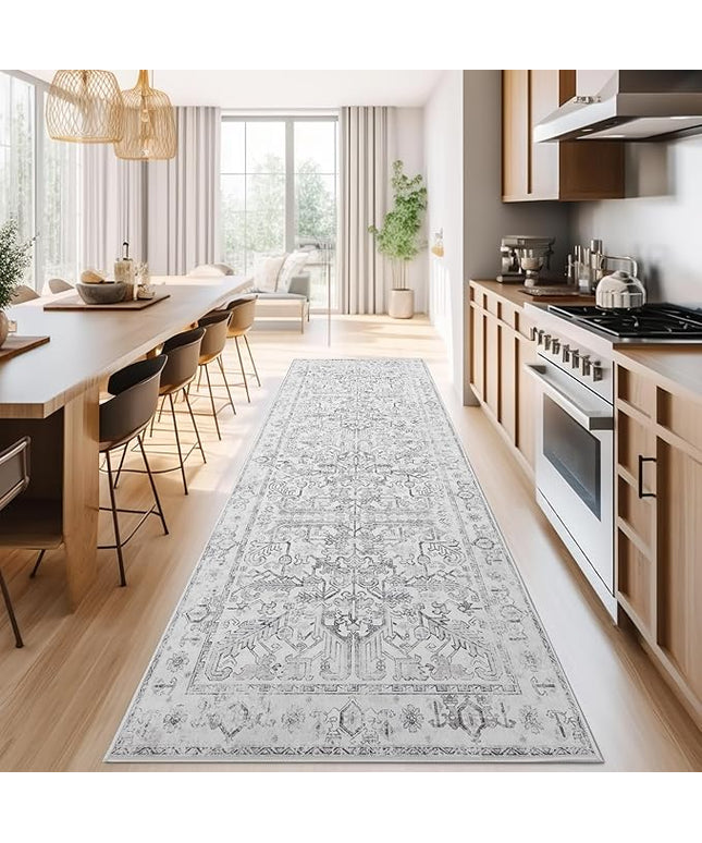 jinchan Lima Hallway Runner Rug 3x10 Washable - Vintage Floral Non Slip Low-Pile Soft Ultra-Thin Faux Wool Kitchen Rug Distressed Carpet Runner for Farmhouse Bedroom Laundry (3x10ft, Grey)