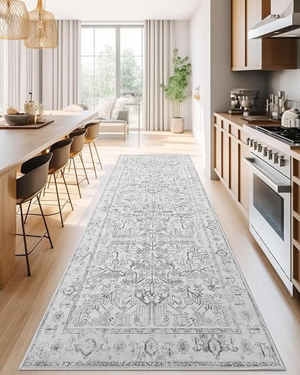 jinchan Lima Kitchen Runner Rug 3x10 - Vintage Floral Machine Washable Non-Slip Hallway Runner Rug with Rubber Backing Ultra-Thin Carpet for Bedroom Laundry Room Farmhouse (3x10ft, Grey)