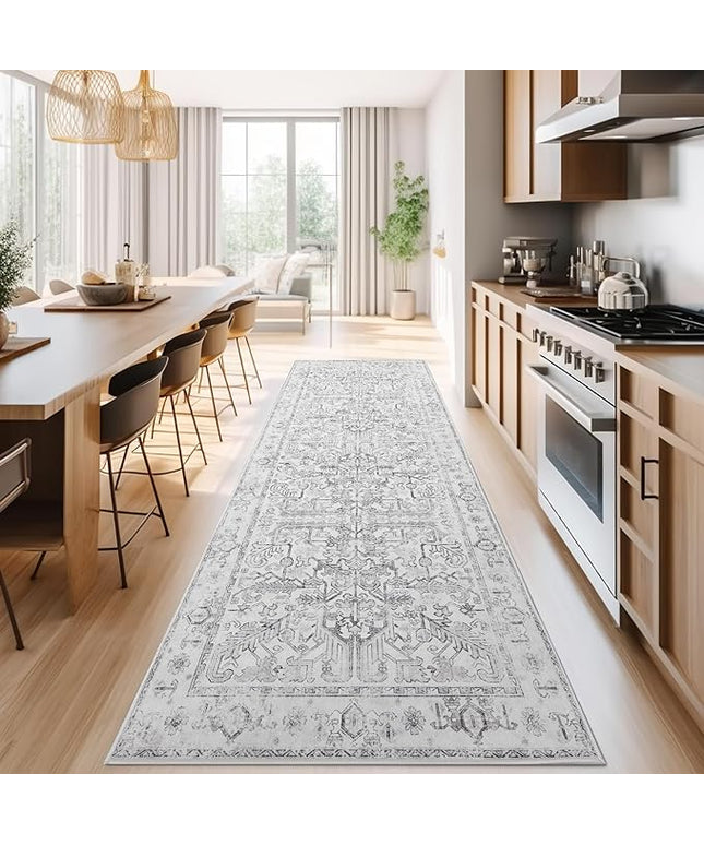 jinchan Lima Kitchen Runner Rug 3x10 - Vintage Floral Machine Washable Non-Slip Hallway Runner Rug with Rubber Backing Ultra-Thin Carpet for Bedroom Laundry Room Farmhouse (3x10ft, Grey)