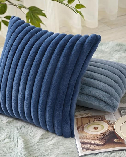 decorUhome Faux Fur Spring Throw Pillow Covers 22x22 Set of 2, Decorative Soft Plush Striped Neutral Couch Euro Pillow Covers with Velvet Back for Sofa, Bed, Living Room Home Decor, Blue