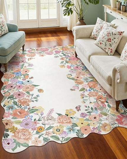 Wonnitar Washable 5x7 Area Rugs for Living Room, Camellia Floral Rugs for Bedroom Girls, Non-Slip Soft Flower Scalloped Rug Carpet for Kids Nursery Room Bedside Dorm Home Decor(Beige,5'x7')