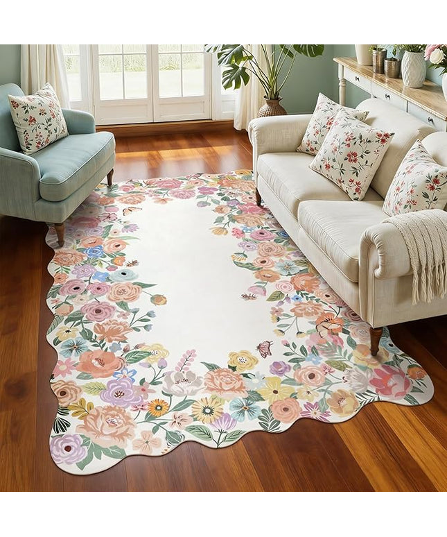 Wonnitar Washable 5x7 Area Rugs for Living Room, Camellia Floral Rugs for Bedroom Girls, Non-Slip Soft Flower Scalloped Rug Carpet for Kids Nursery Room Bedside Dorm Home Decor(Beige,5'x7')