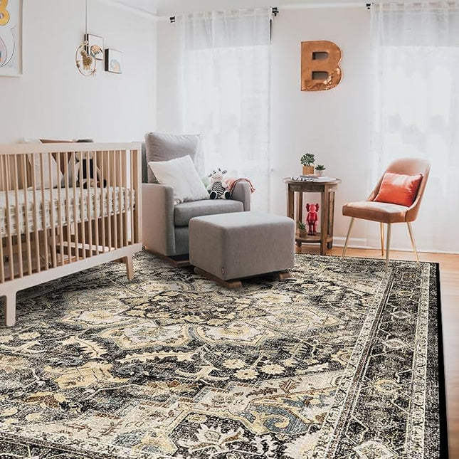 Washable Area Rugs 8x10 - Large Rugs for Living Room Non-Slip Non-Shedding Thin Carpet for Bedroom Kitchen Stain and Water Resistant Indoor Carpets (Black/Grey, 8x10)