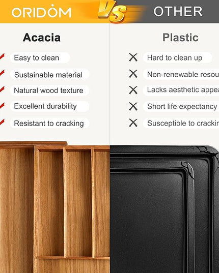 Large Premium Acacia Silverware Organizer - Expandable Drawer Organizer & Utensil Organizer - 17"x19.7" Cutlery Tray with Dividers for Kitchen Utensils and Flatware (7-9 Slots) Acacia
