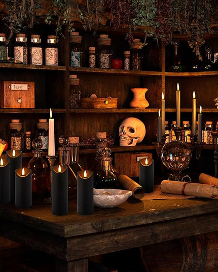 24 Pack Halloween Decoration Flickering Flameless Candles, Battery Operated LED Pillar Candles with Remote Control and Timer.for Home Decor (D2.2 xH 5" 6" 7" Black)