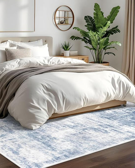 IOHOUZE Abstract Area Rugs 6x9 Ft Washable Rugs for Living Room, Non Slip Dining Room Rug, Printed Faux Wool Rugs for Bedroom, Floor Carpet for Office Nursery Playroom, Light Blue White