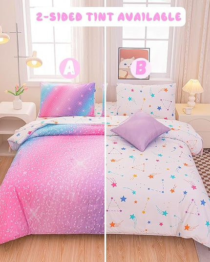 Rainbow Bedding Set Twin Size – 6-Piece Reversible Girls Comforter with Deep-Pocket Sheet, Gradient Galaxy Design, Whole-Piece Filling, Machine Washable Bed-in-a-Bag for Kids Room Makeover & Gifts