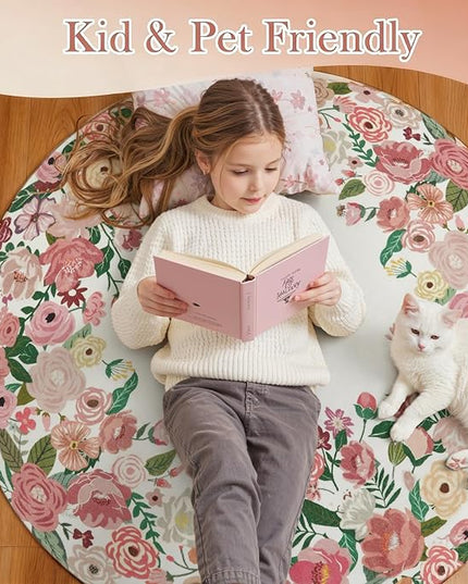 Wonnitar Washable 4ft Round Area Rug, Pink Camellia Floral Living Room Rugs for Bedroom Girls, Low Pile Soft French Throw Carpet for Kids Nursery Room Decor (Pink,4ft Round)