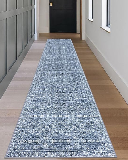 2.6x18 Runner Washable Rug for Kitchen, Blue Soft Classic Runner with Non-Slip, Non-Shedding Distressed Floral Rug for Hallways Entryway Bedroom Bathroom Laundry Indoor