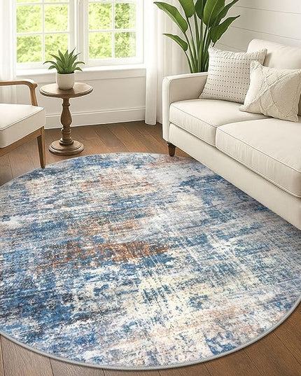 IOHOUZE Abstract Round Area Rug 6 Ft Washable Circle Rugs Large Round Rug Non Slip Thin Soft Circle Rugs, Printed Faux Wool Floor Carpet for Bedroom Living Room Dining Room Nursery, Blue Rust