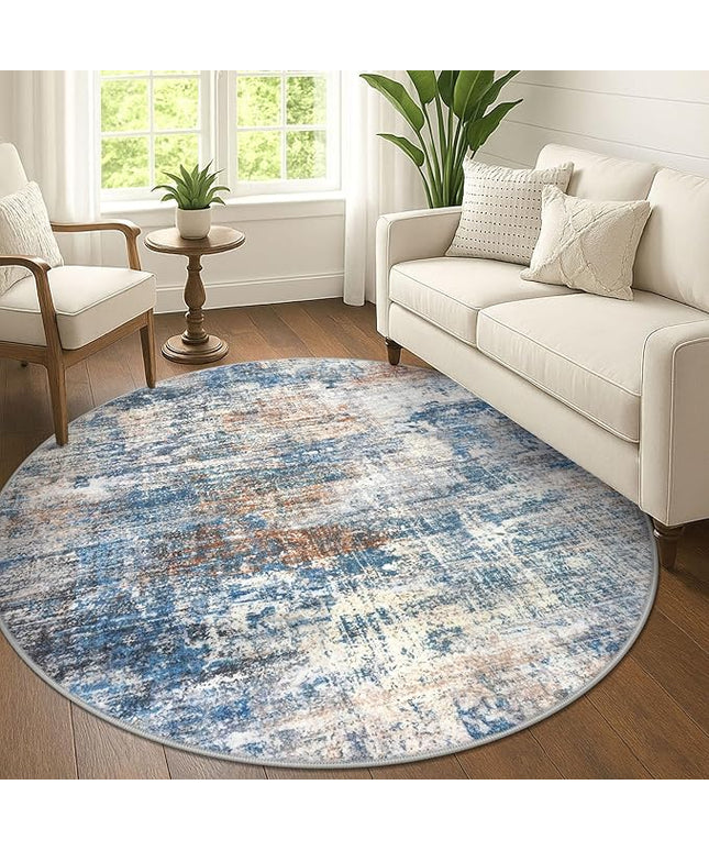 IOHOUZE Abstract Round Area Rug 6 Ft Washable Circle Rugs Large Round Rug Non Slip Thin Soft Circle Rugs, Printed Faux Wool Floor Carpet for Bedroom Living Room Dining Room Nursery, Blue Rust