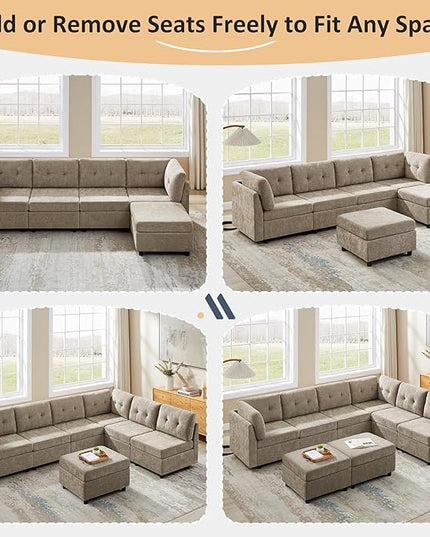 VANOMi 6 Seater Modular Cloud Sofa, 118" Convertible Sectional Cloud Sofas & Couches for Living Room, Comfy Chenille Sectional Couch Sofa for Living Room, Apartment, Office, Camel, L/U Shaped