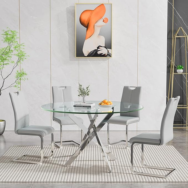 HomVent 5 Piece Round Glass Dining Table Set, Round Glass Kitchen Table Set for 4 with 4 PU Upholstered Dining Chairs for Kitchen Dining Room