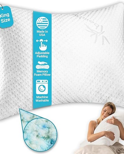 Xtreme Comforts Pillows for Sleeping - GreenGuard Gold Certified Adjustable King Memory Foam Pillow for Side, Back & Stomach Sleepers w/Removable Cooling Zipper Cover - Made in The USA