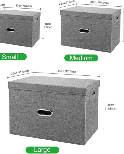 Large Linen Collapsible Storage Bins with Removable Lids and Handles, Washable Storage Box Containers Baskets Cube with Cover for Bedroom,Closet,Office,Living Room,Nursery (Khaki, Large)