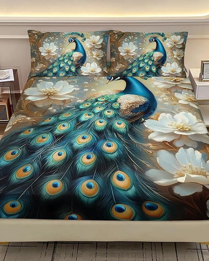 AILONEN Vintage Floral Peacock Fitted Sheet Set for Kids Girls Adult Women,Blue Floral Bird Print Bedding Set Queen Size,Elegant Birds Bed Sheet Set,3-Piece 1 Sheet Set + 2 Pillowcases