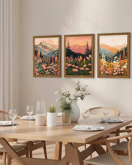 InspiredHues Colorful Landscape Boho Canvas Wall Art Set, 3 Piece Wildflower Mountain Wall Decor, Vintage Floral Rustic Nature Artwork Prints for Living Room Bedroom Office 12x16 Inch Wood Framed