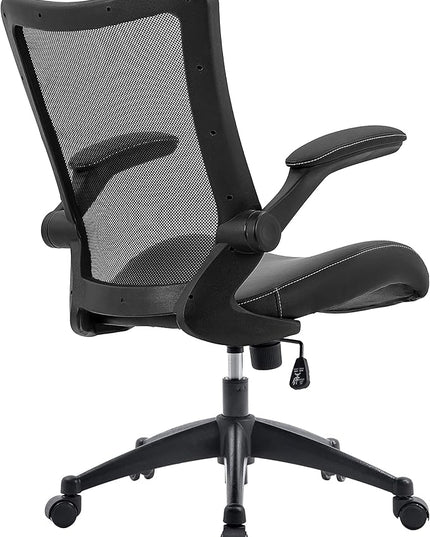 OfficeFactor Office Desk Chair, 300 lb Capacity Adjustable Desk Chair, Flip-Up Armrests, Non-Scratch Wheels, Mesh Back, Comfortable Bonded Leather seat (Black)