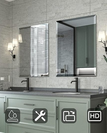 Mirrorons Beveled Mirror, Bathroom Mirrors for Wall 24" x 32", Frameless Rectangle Bathroom Mirror with Beveled Edge, Hangs Horizontally or Vertically, Upgraded Packing
