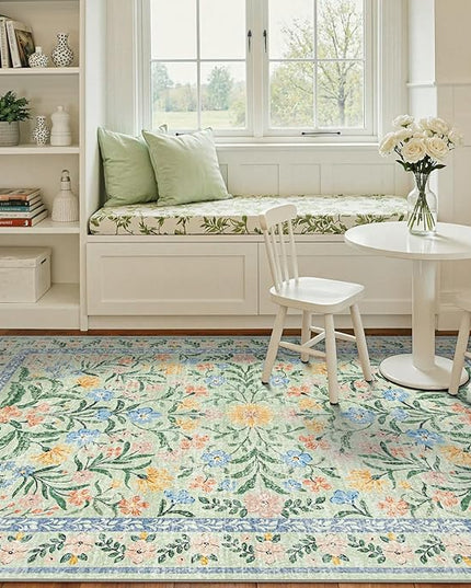 Wonnitar Machine Washable 5x7 Area Rug, Boho Floral Rugs for Living Room Non-Slip, Soft Pink and Green Flower Ultra-Thin Non Shedding Carpet for Bedroom Dining Room Nursery