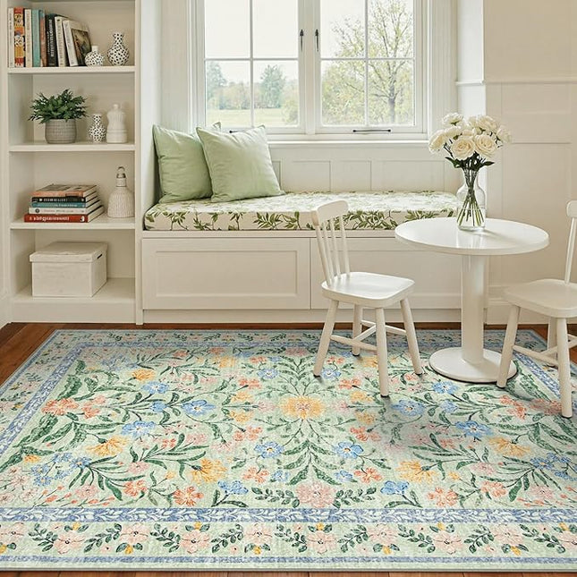Wonnitar Machine Washable 5x7 Area Rug, Boho Floral Rugs for Living Room Non-Slip, Soft Pink and Green Flower Ultra-Thin Non Shedding Carpet for Bedroom Dining Room Nursery