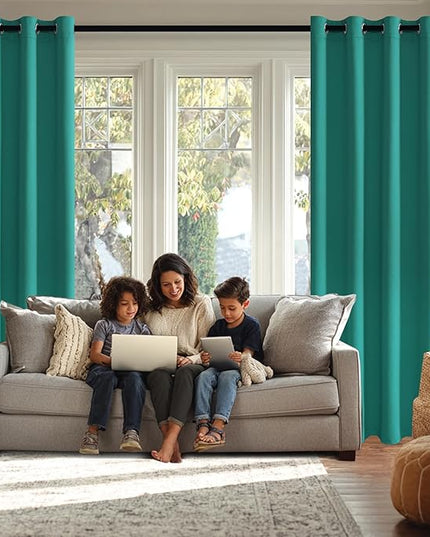 JIUZHEN Peacock Blue Blackout Curtains with Tiebacks Thermal Insulated, Light Blocking and Noise Reducing Grommet Curtains for and Living Room, Set of 2 Window Curtain Panels, 42 x 45 Inch Length