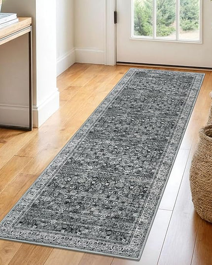 2x6 Runner Washable Rug for Hallways, Moss Charcoal Soft Neutral Vintage Kitchen Rugs with Non-Slip, Non-Shedding Distressed Floral Rug for Entryway Porch Kitchen Bedroom Laundry