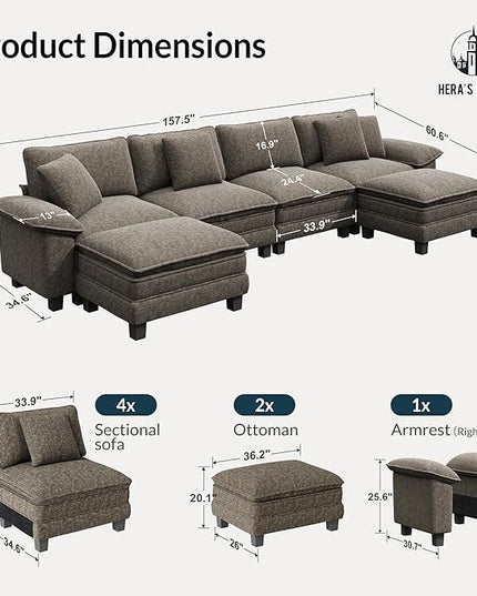 HERA'S HOUSE 158" Modular Sectional Sofa, Oversized U Shaped Couches for Living Room, Comfy Cloud Couch with Ottoman, 6-Seater Deep Seat Sofa with Throw Pillow, Chenille Ash